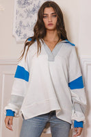 T2004 -French Terry Knit Color-block Collared Loose Fit Top: S-M-L (2-2-2) / CREAM/SKY BLUE